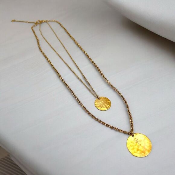 J Crew Gold Tone Layered Multi Strand Coin Pendant‎ style Necklace Dainty - Picture 2 of 8